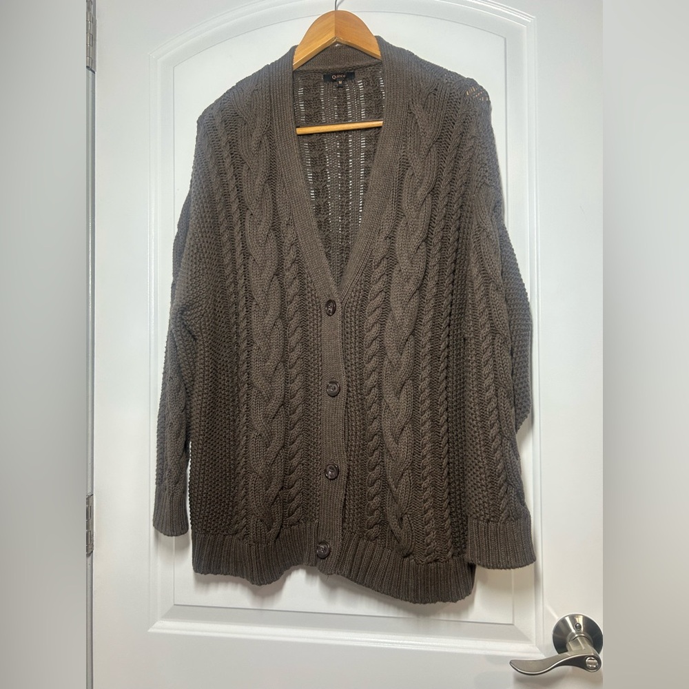 Quince Organic Cotton Oversized Cable Knit Cardigan Brown Size M 90s chic cozy - Picture 3 of 15